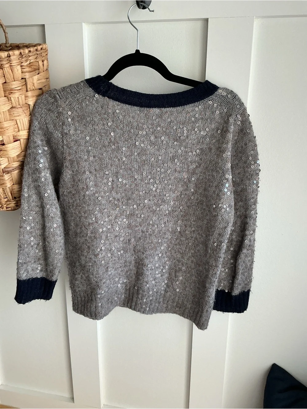 J. Crew Gray Sequin Crewneck Sweater with Navy Trim